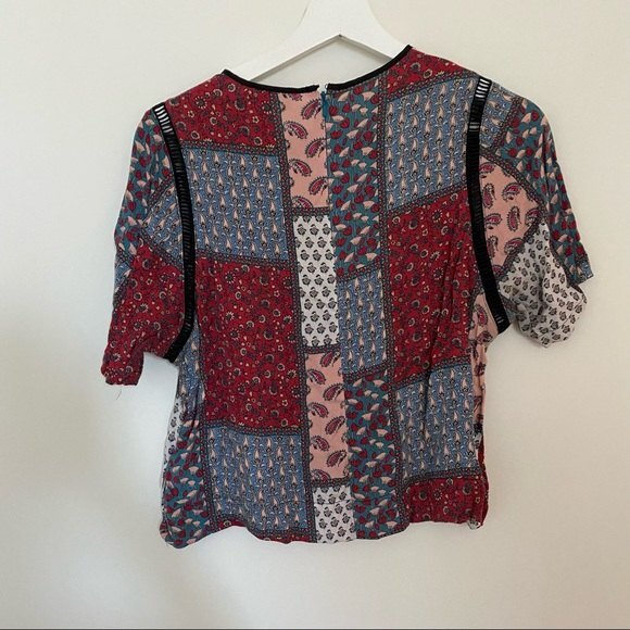 Topshop Blouse Colorful Patchwork Short Sleeve Top Boho Multicolor Pattern Small - Picture 8 of 8